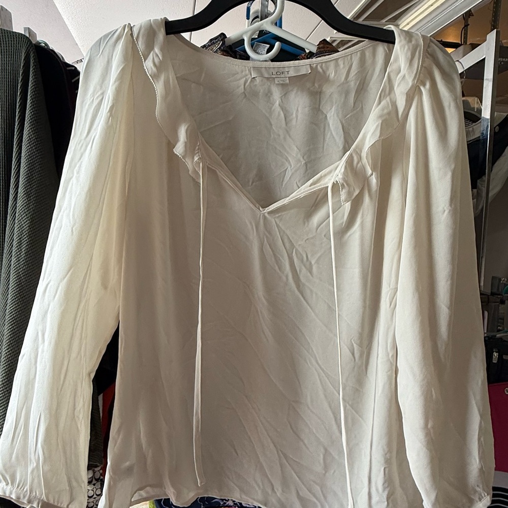LOFT Cream Blouse with Tie Neck